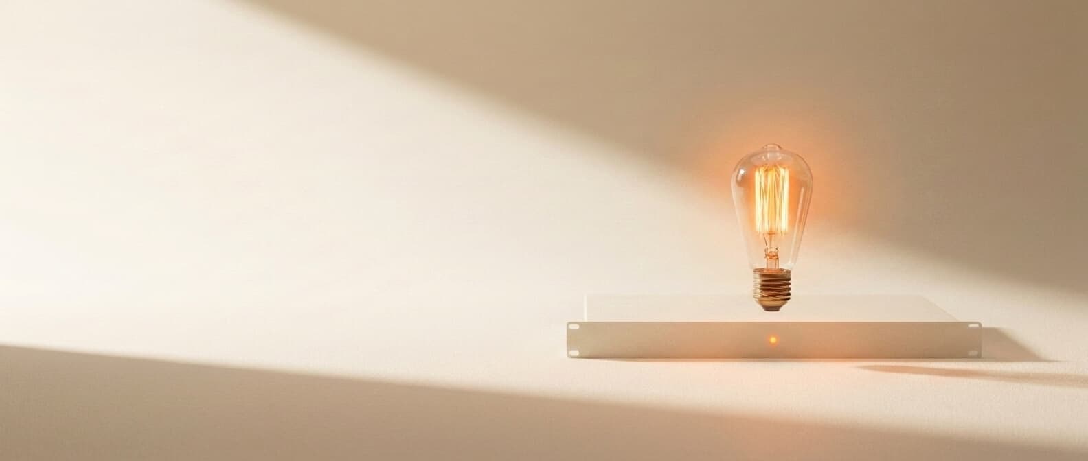 Glühbirne über einem schlanken matt-creme Server-Modul mit einzelner orange LED — Hardware als ruhige Architektur