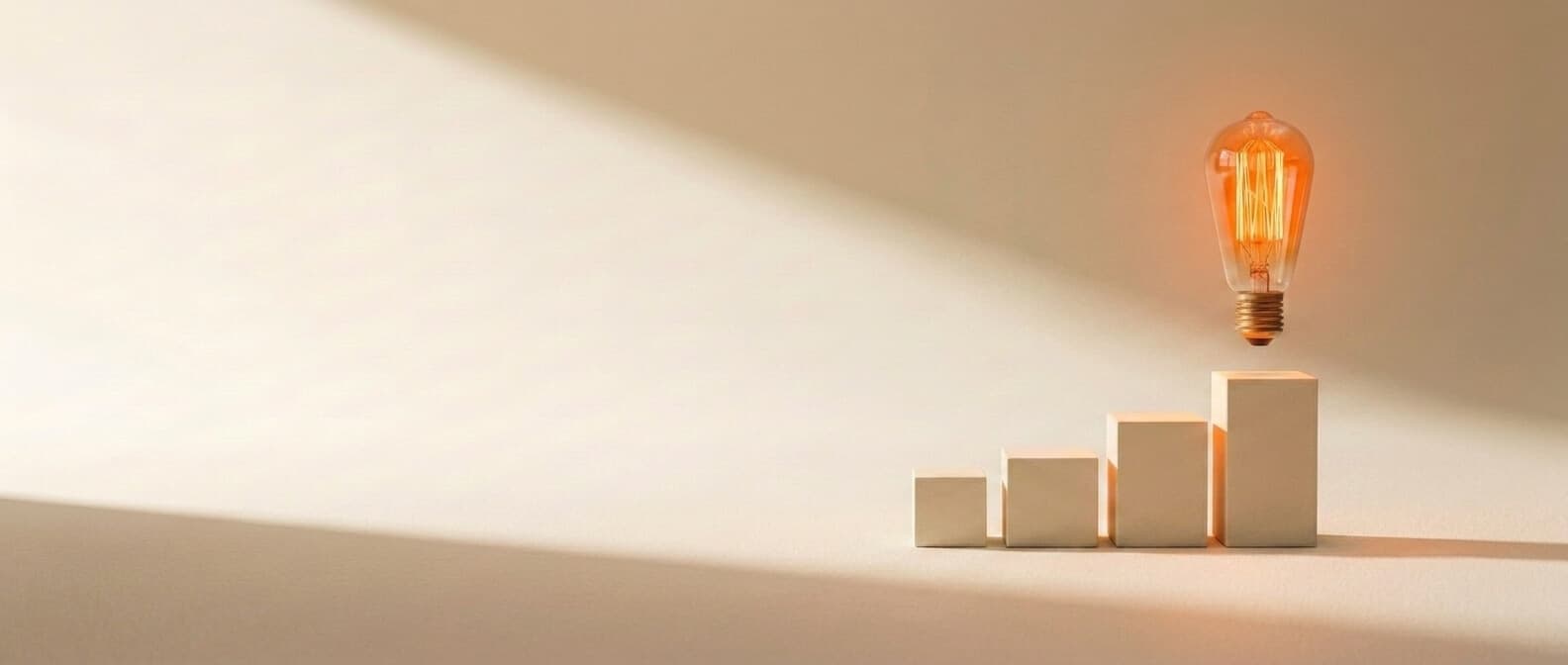 Glühbirne über einer aufsteigenden Treppe aus vier creme-farbenen Cubes — strukturiertes Vorgehen in vier Schritten