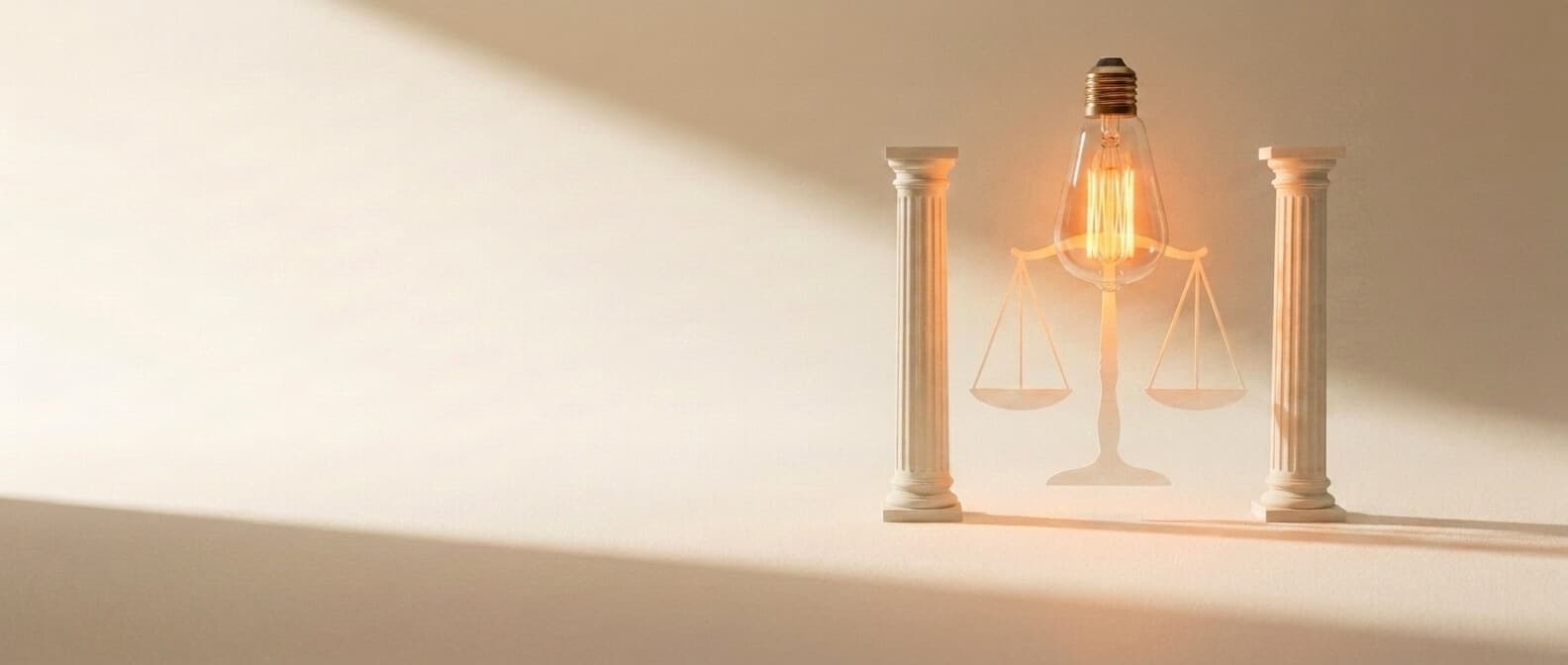 Glühbirne zwischen zwei klassischen Säulen mit ghost-Form einer Justitia-Waage — Mandantenschutz als Architektur