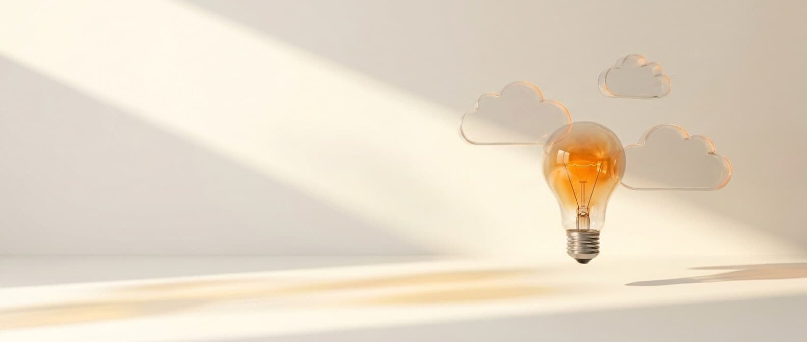 Glühbirne mit schwebenden Glas-Cloud-Holograms — Microsoft 365 Cloud-Kollaboration als ruhige Lichtquelle