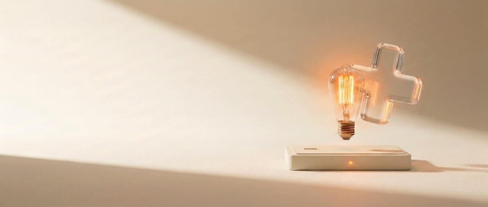 Glühbirne mit Glas-Kreuz und Smart-Card-Reader — Telematikinfrastruktur als klare, ruhige Praxis-IT